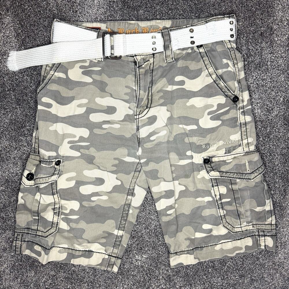 Rock Revival Camo Cargo Shorts Mens 34 Green Grey Thick Stitch With Belt Y2K